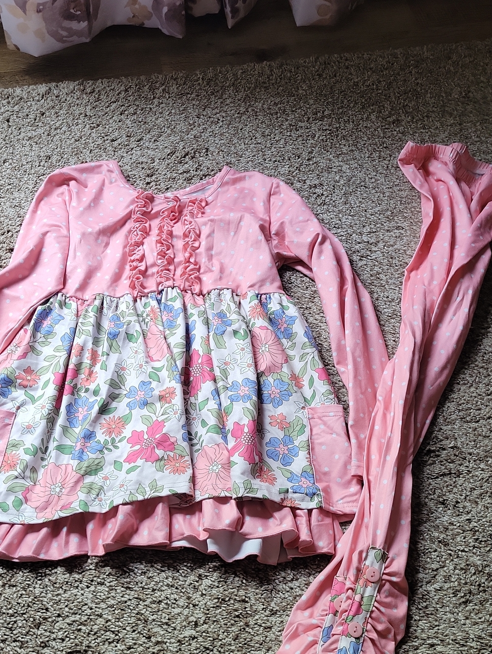 Girls Pink Floral Ruffle Top & Leggings Set